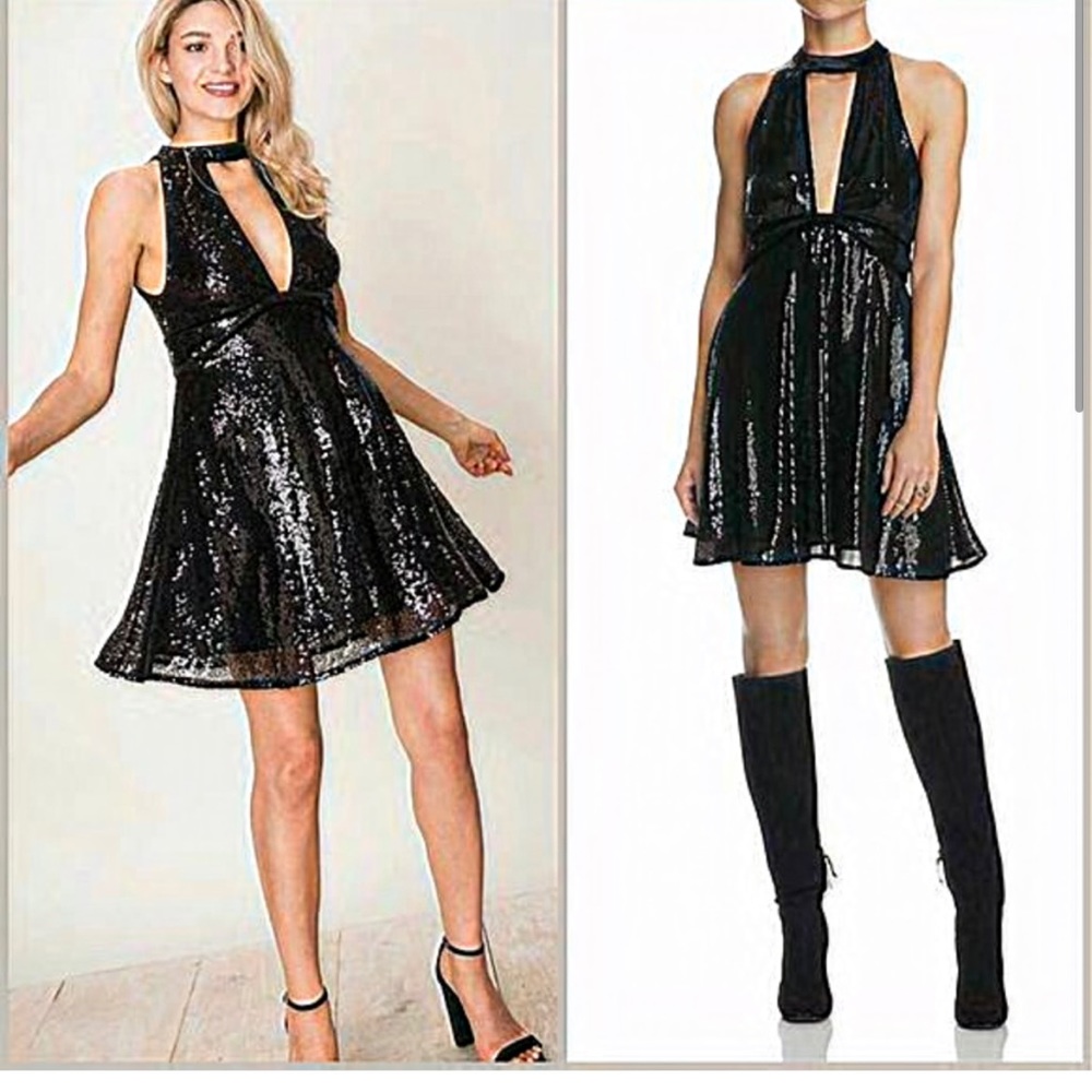 Free People Little Black Sequin Film Noir Halter Cocktail Noir Halter Dress